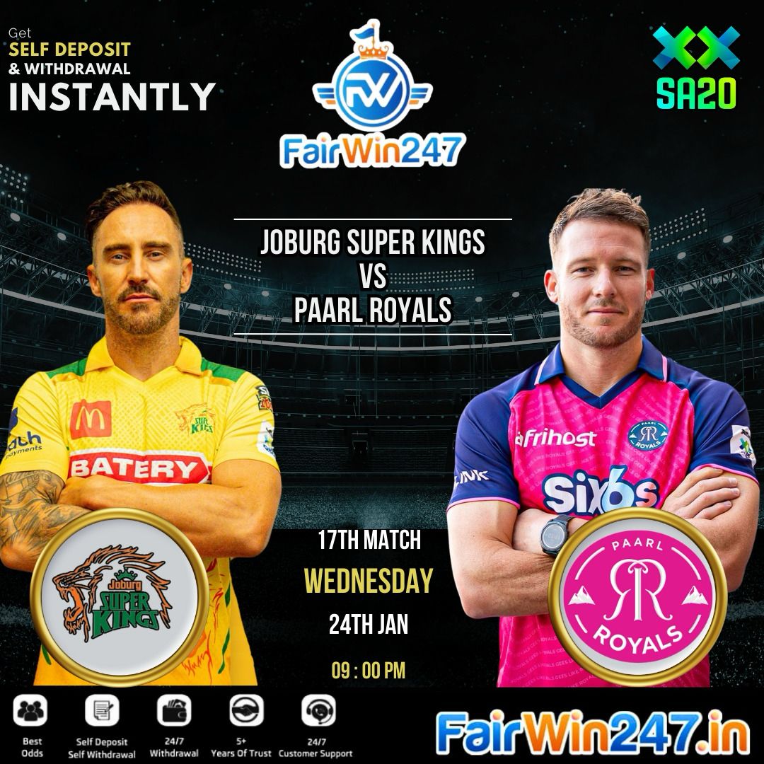 Fifth-placed Joburg Super Kings host league leaders Paarl Royals tonight. 

Who will win this exciting #SA20 fixture? 

Make your prediction now: bit.ly/Fairwin247

▪️Fancy/Runline
▪️Match Odds
▪️24/7 Self Deposit/Withdraws
▪️Cash Out

#GamblingTwitter  #GamblingX