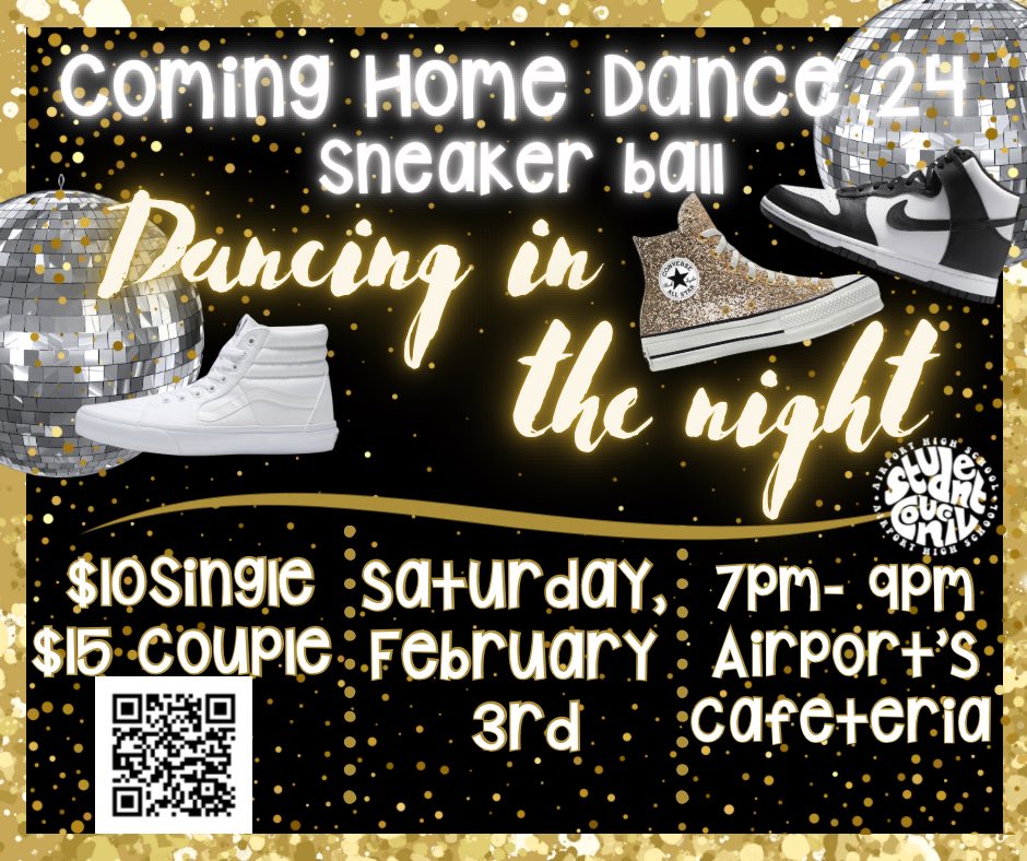 AHS Student Government (@ahs_stu_gov) on Twitter photo COMING HOME DANCE
Saturday, February 3rd, 2024
Attire: Sneaker ball! Wear your favorite sneakers with your favorite dress or fit!
We will have a DJ and snacks!
REGISTRATION LINK --> forms.gle/LX6bLkSfizpZPW… LINK FOR THE TICKETS---> gofan.co/event/1339072?… <a href="/AHS_Leads/">Airport High School Eagles</a> COMING HOME DANCE
Saturday, February 3rd, 2024
Attire: Sneaker ball! Wear your favorite sneakers with your favorite dress or fit!
We will have a DJ and snacks!
REGISTRATION LINK --> forms.gle/LX6bLkSfizpZPW… LINK FOR THE TICKETS---> gofan.co/event/1339072?… <a href="/AHS_Leads/">Airport High School Eagles</a>