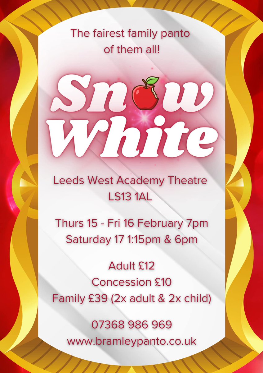 Planning things to do during February half term? Check out the Snow White family panto from Bramley Parish Theatre Players Book tickets: ticketsource.co.uk/bptp #Bramley #WestLeeds #ActivitiesForFamilies #FebHalfTerm