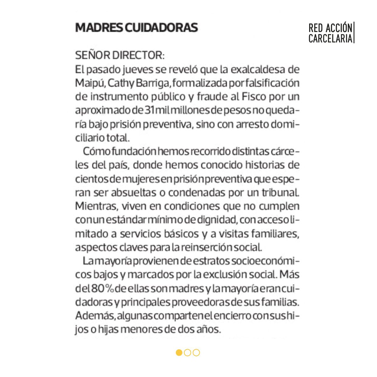 redaccioncarcel's tweet photo. Hoy publicamos una carta en @latercera, a raíz de más repercusiones que ha tenido el caso de la ex alcaldesa, Cathy Barriga.

https://t.co/HQcVRiT6KL https://t.co/gC5pZFRP2x
