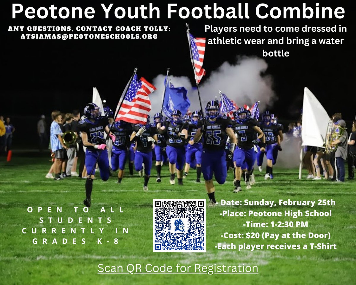 Peotone Football Youth Football Combine for anyone currently in Grades K-8 will take place Sunday, February 25th from 1-2:30 @ Peotone High School. Scan QR code to register or click on link. forms.gle/ud5dMtVNQZ65fQ… Any questions contact Coach Tolly atsiamas@peotoneschools.org