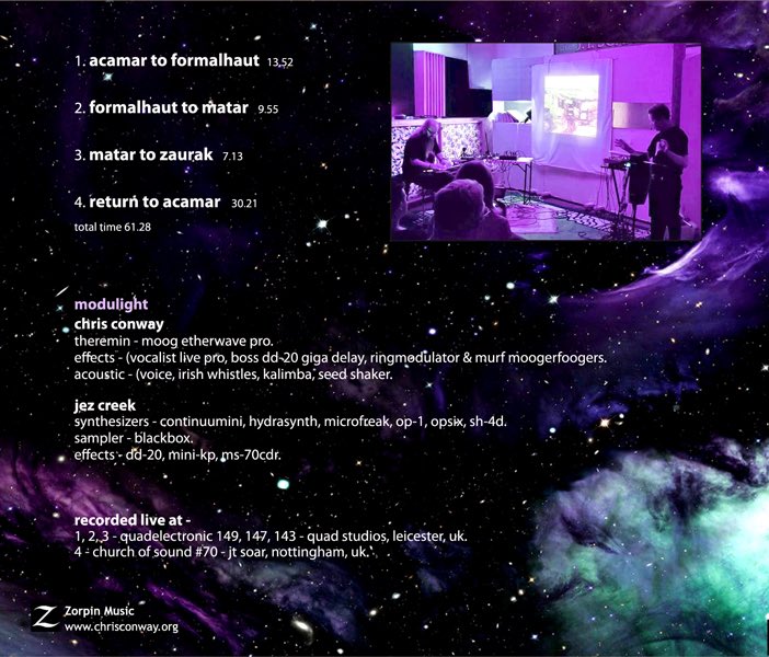 Coming soon! Modulight’s - a live 3rd album of #cosmic #electronic music - “Return To Acamar” on the Zorpin Music label. Modulight are Chris Conway &amp; Jez Creek,