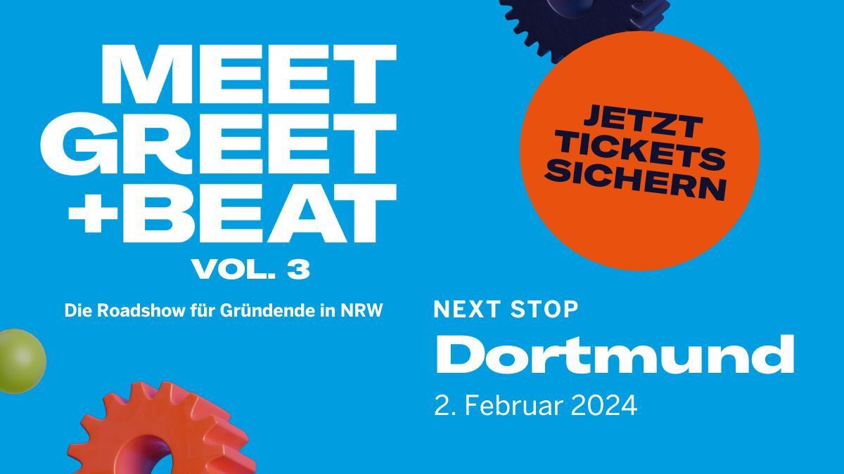 Meet, Greet + Beat - Die Roadshow für Gründende in NRW legt ihren nächsten Stopp in Dortmund ein!  

Am 02.02.2024 pitchen fünf Start-ups hier im CET ihre Ideen, um in das große Roadshow-Finale einzuziehen!🥇
Jetzt Tickets sichern! 
🔗 pretix.eu/mwike/meetgree…

#escNRW #tudortmund