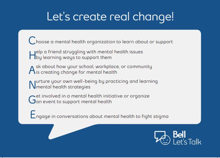 Join #BellLetsTalk today by taking action to create real change in mental health! Not sure how to start, check out the image and link below. letstalk.bell.ca