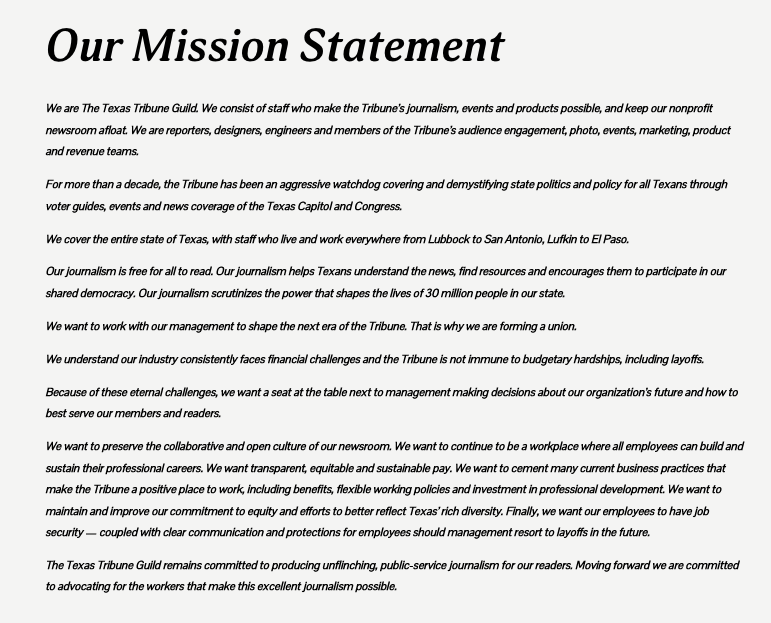 More than 90% of eligible staffers have signaled their desire to be represented by the Texas Tribune Guild. Read more about our priorities in our mission statement here: