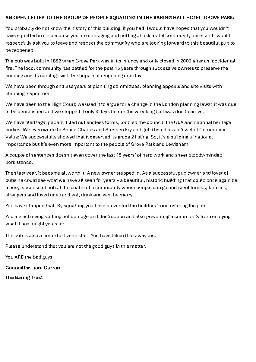 CllrCurran's tweet photo. Squatters have taken over the Baring Hall Hotel pub preventing its restoration and reopening.

After 15 years of campaigning the community finally had the prospect of it reopening and now this. 

I've written an open letter to them requesting they leave.. https://t.co/WcSLdfDDOs