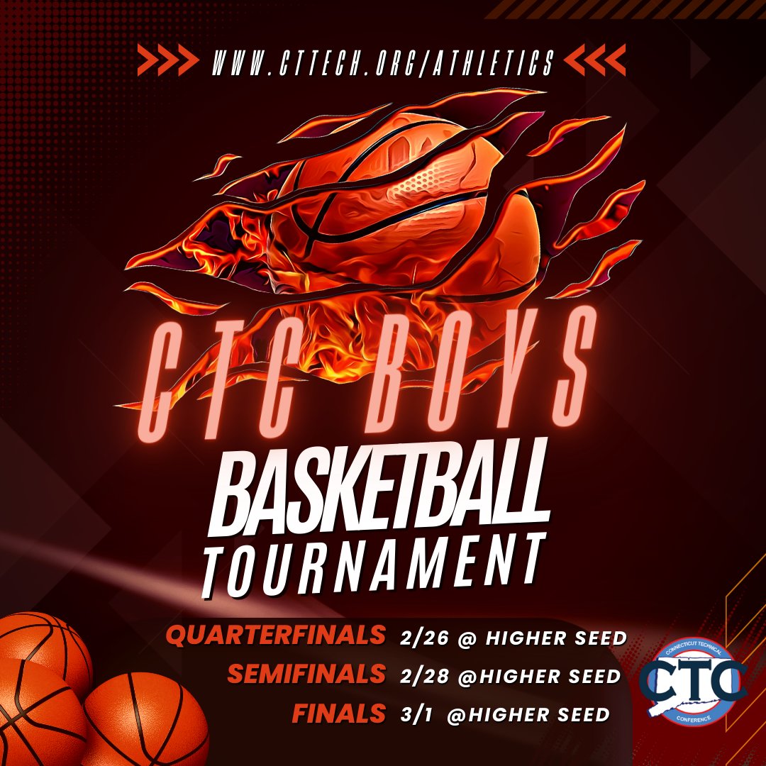 CTC Boys Hoops Tournament dates announced! Top 8 league win% make the tourney, with play ins on 2/23 or 2/24 to break ties. cttech.org/athletics

#ctcathletics #ctecs #techschoolsports #techschoolathletes #cttech #ctcboysbasketball
@GameTimeCT @Courant_Sports @ciacbbb
