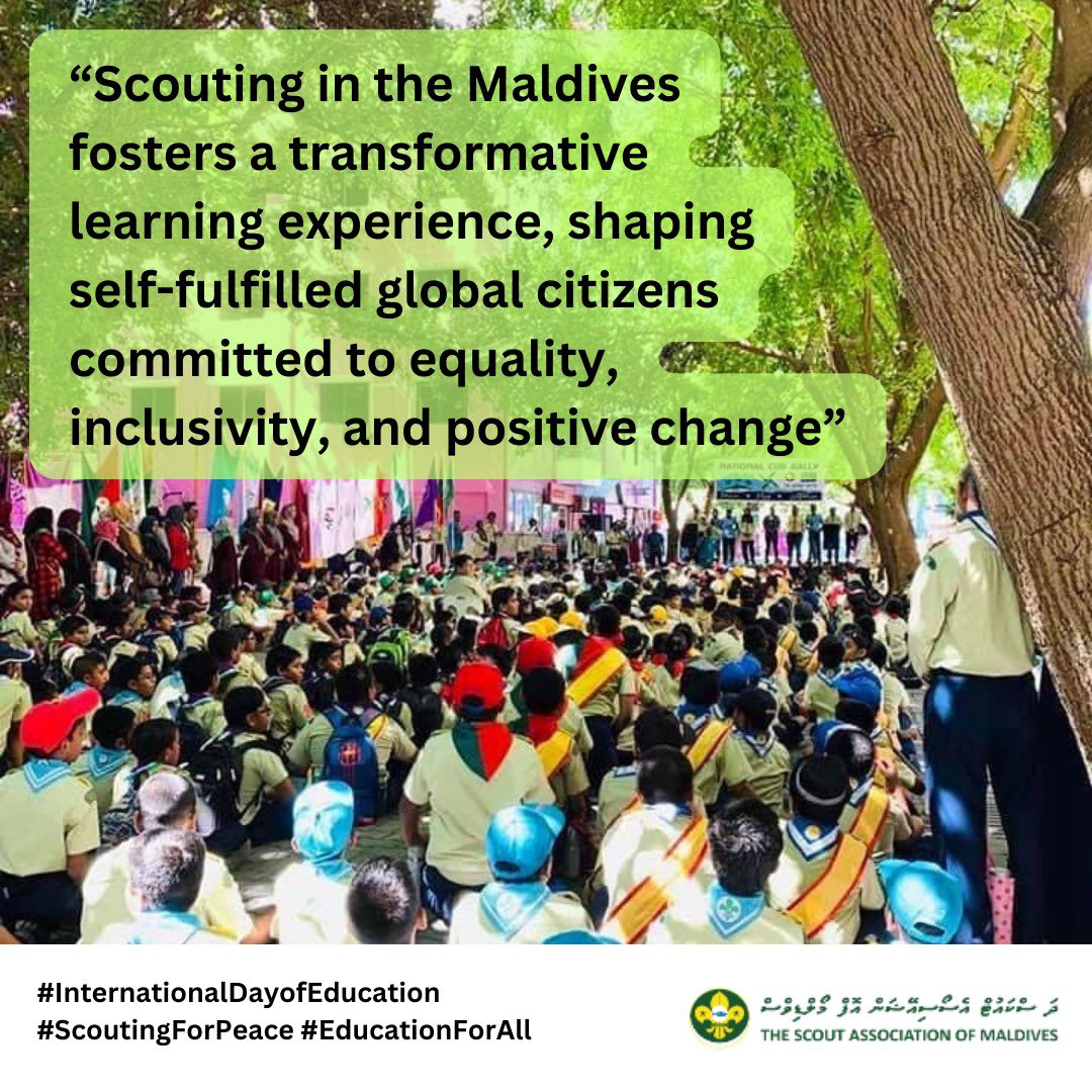 ScoutsMaldives's tweet photo. Happy #InternationalDayofEducation 📖🌏

As a non-formal educational Movement, Scouting continues to explore new ways that contribute to the development of young people.

 🏕️🤝

#ScoutingForPeace #EducationForAll https://t.co/ZjFw7NBEtB