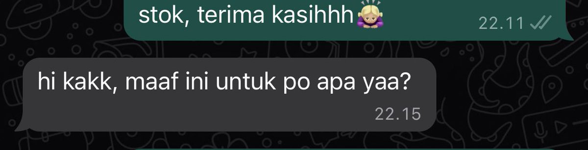 SORRY FOR THE GAPTEK GUYS😭😭😭🙏🏻🙏🏻🙏🏻🙏🏻
kirim info pelunasan dari pagi bingung banget gaada balesan satupuun (ada sih 1 dari kakak yang udah save kontak aku sebelumnya)
TERNYATA karena aku kirimnya lewat broadcast DAN itu harus saling save dulu biar kekirim😃😃