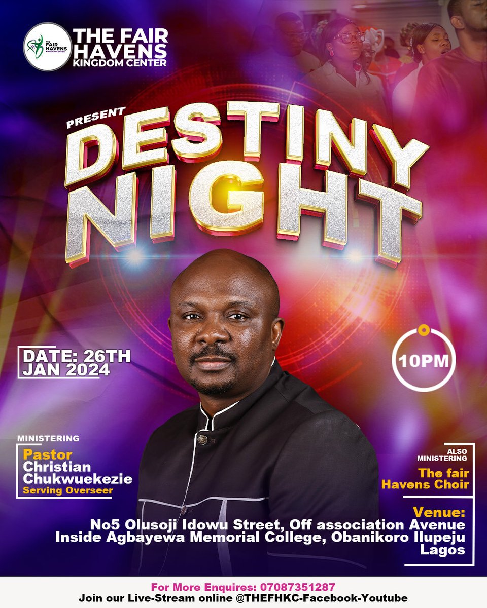 THEFHKC's tweet photo. With Jesus joy, The Fair Havens Kingdom Center presents to you - DESTINY NIGHT for the month of January, 2024.

Join us for our *DESTINY NIGHT* this Friday 26th January, 2024 for an encounter like never before.🙇
See e-flier for more details..... https://t.co/NHpwKKAFaw