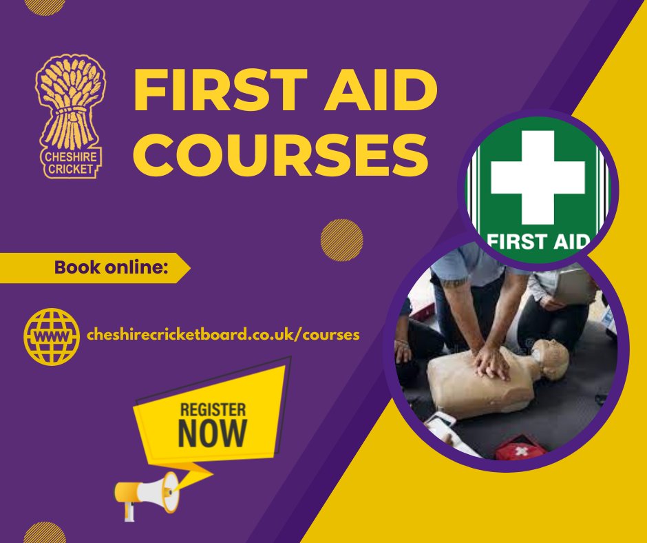 ⛑️First Aid Course ⛑️ - This is not a generic first aid course as it is very specific to Cricket 🏏 LOADS of VENUES to choose from! Wallasey CC @ChristletonSwan, @grapperscc, @IrbyCC, CCB OFFICE, @SaleCricketClub & @OakmereCC BOOK HERE ⬇️ cheshirecricketboard.co.uk/cricket-course…