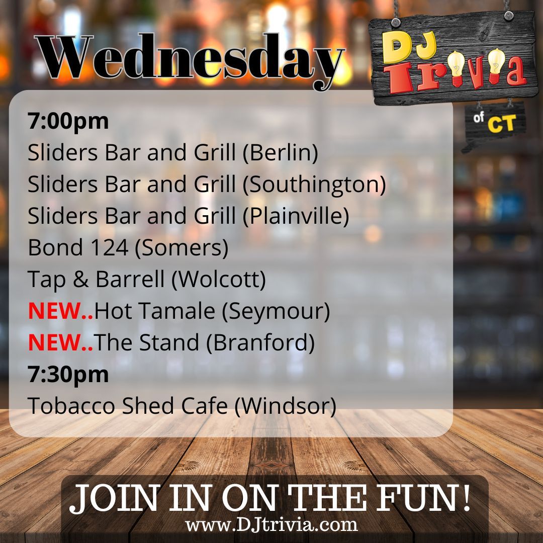 djtriviact's tweet photo. DJ Trivia Wednesday Night @SlidersGrillBar #triviawednesday #triviawednesdays #djtrivia #djtriviafun #trivia #trivianight #TrivialPursuit #triviapursuit #triviagame #besttriviaever #ct #connecticut #cttrivia https://t.co/4e63ok4ei4