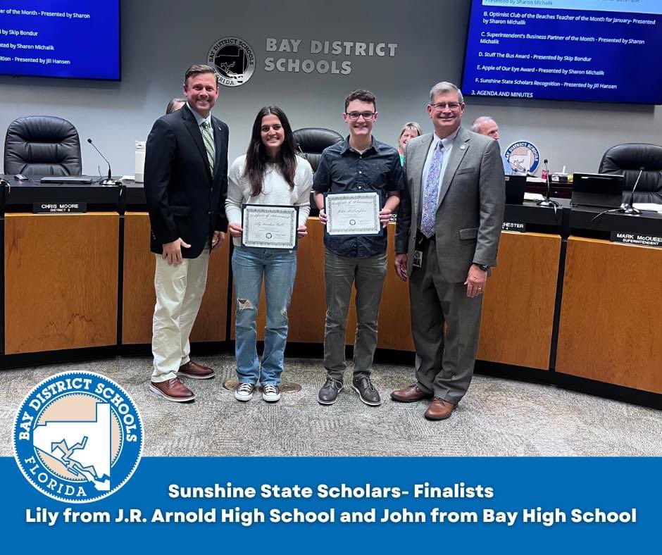 We would like to congratulate Lily C. from J.R. Arnold High School and John M. from Bay High School - Panama City, FL as the 2024 Bay District Schools Sunshine State Scholars! In the event that they cannot attend the Sunshine State Scholar Program in May, the committee selected