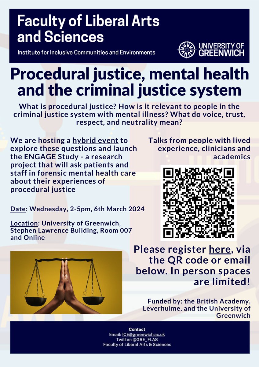 Are you interested in procedural justice, mental health and the criminal justice system? 

We are hosting a hybrid symposium to introduce an upcoming research project and hear from four lived and academic experience speakers. 

March 6th - sign up below!

eventbrite.co.uk/e/procedural-j…