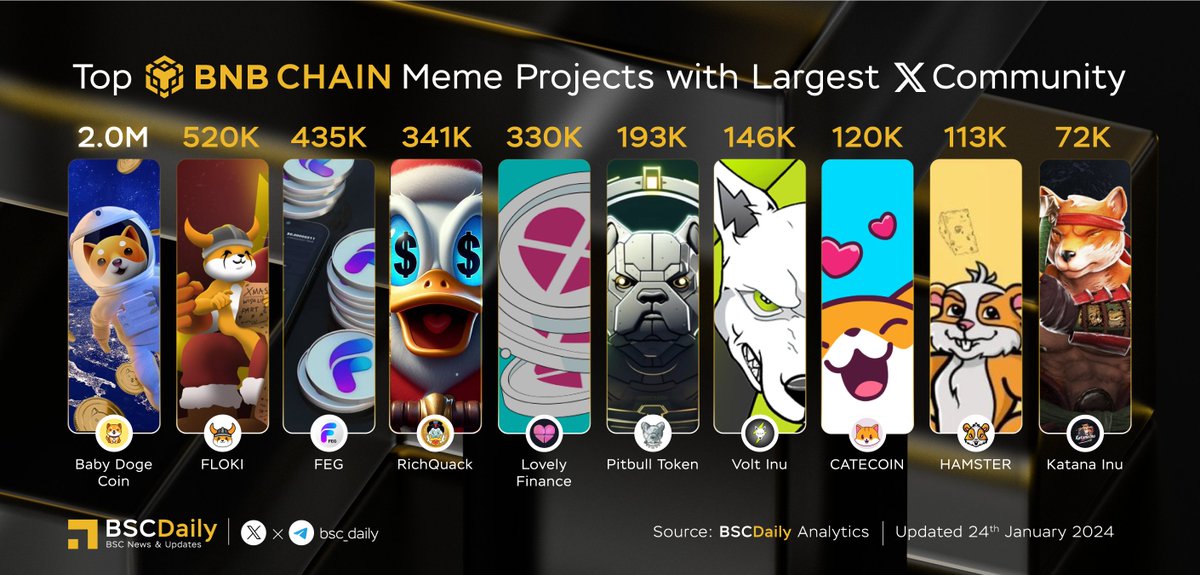 🎉 Top #BNBChain Meme Projects with Largest @X Community 🚀 🥇 @BabyDogeCoin 🥈 @RealFlokiInu 🥉 @FEGtoken @RichQuack @Lovely_finance @BscPitbull @VoltInuOfficial @catecoin @_hamster_coin @katanainu Which is your favorite project? Let's share with us in the comments!