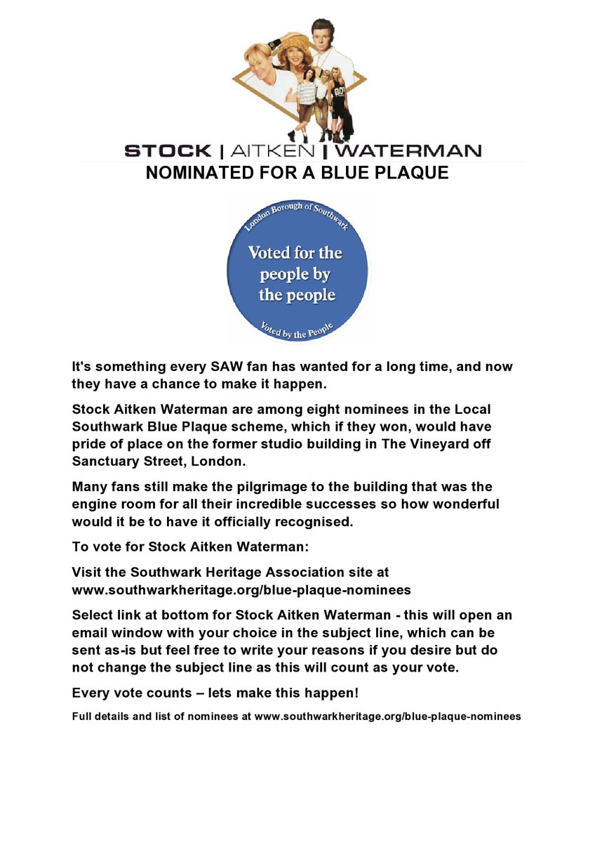 Mike Stock Music HQ (@mike_stock_hq) on Twitter photo Stock Aitken Waterman nominated for a blue plaque.
To vote visit
southwarkheritage.org/blue-plaque-no… and select link for Stock Aitken Waterman
Every vote counts – lets make this happen!
<a href="/mikestockmusic/">Mike Stock</a> <a href="/SAW_MUSIC/">Stock Aitken Waterman</a> <a href="/SoLuckyMusical/">I Should Be So Lucky</a> Stock Aitken Waterman nominated for a blue plaque.
To vote visit
southwarkheritage.org/blue-plaque-no… and select link for Stock Aitken Waterman
Every vote counts – lets make this happen!
<a href="/mikestockmusic/">Mike Stock</a> <a href="/SAW_MUSIC/">Stock Aitken Waterman</a> <a href="/SoLuckyMusical/">I Should Be So Lucky</a>