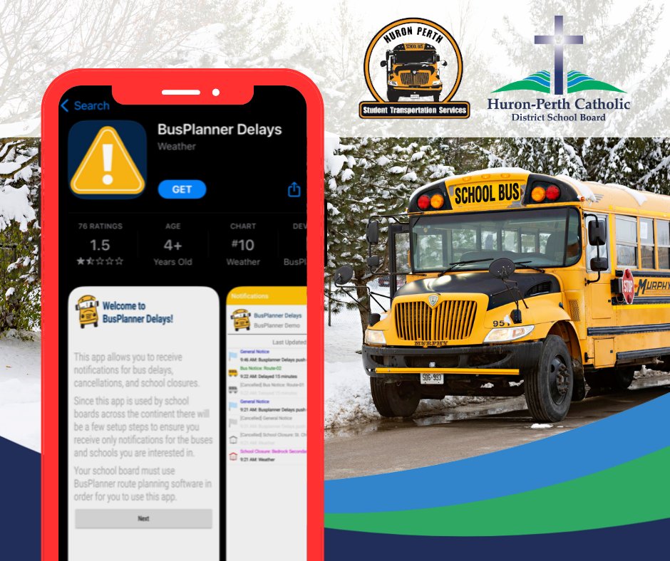 Huron-Perth CDSB (@hpcdsb) on Twitter photo Hey #HPCDSB families, be sure to download the <a href="/HPSTS/">Huron Perth STS</a> BusPlanner Delays App so you're in the know of potential bus delays/cancellations & school closures due to inclement weather. Set the BusPlanner Delays App with your school and/or bus route. More info➡️ourschoolbuses.ca. Hey #HPCDSB families, be sure to download the <a href="/HPSTS/">Huron Perth STS</a> BusPlanner Delays App so you're in the know of potential bus delays/cancellations & school closures due to inclement weather. Set the BusPlanner Delays App with your school and/or bus route. More info➡️ourschoolbuses.ca.