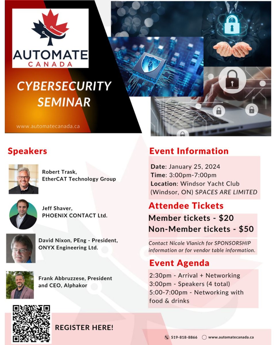 Don't miss Automate Canada's value packed event on CyberSecurity THURSDAY JANUARY 25th @ The Windsor Yacht Club.

Limited tickets, vendors &amp; sponsorships available! Email nicole@automatecanada.ca for your tickets and all other information about the event! 

#automatecanada #yqg