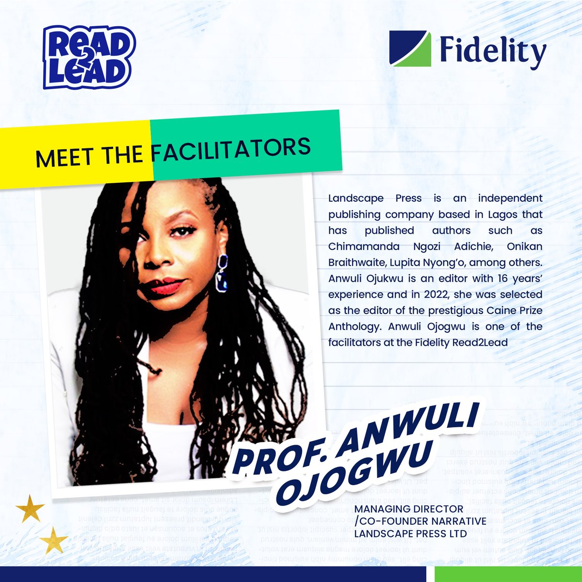 Meet the co-founder of Narrative Landscape Press Ltd, Anwuli Ojogwu! She's published works from illustrious authors such as Chimamanda Ngozi Adichie and Lupita Nyong’o. Join us at Read2Lead where she'll be a facilitator! bit.ly/Fidelity-RTL⁣
⁣
#FidelityRead2Lead⁣