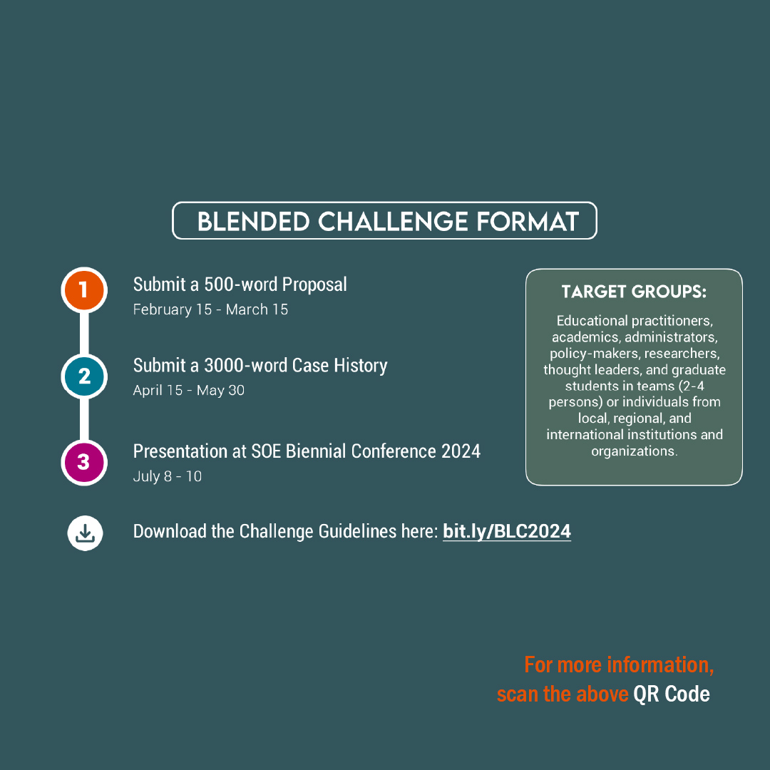 Up for a challenge 🙋‍♂️? Review the Schools' of Education Biennial Conference - Blended Learning Challenge 2024 Guidelines to participate and compete for prizes. 

1. Read the Blended Challenge Format.
2. Scan the QR Code for details.

#WhatshappeningWednesday
#blendedlearning