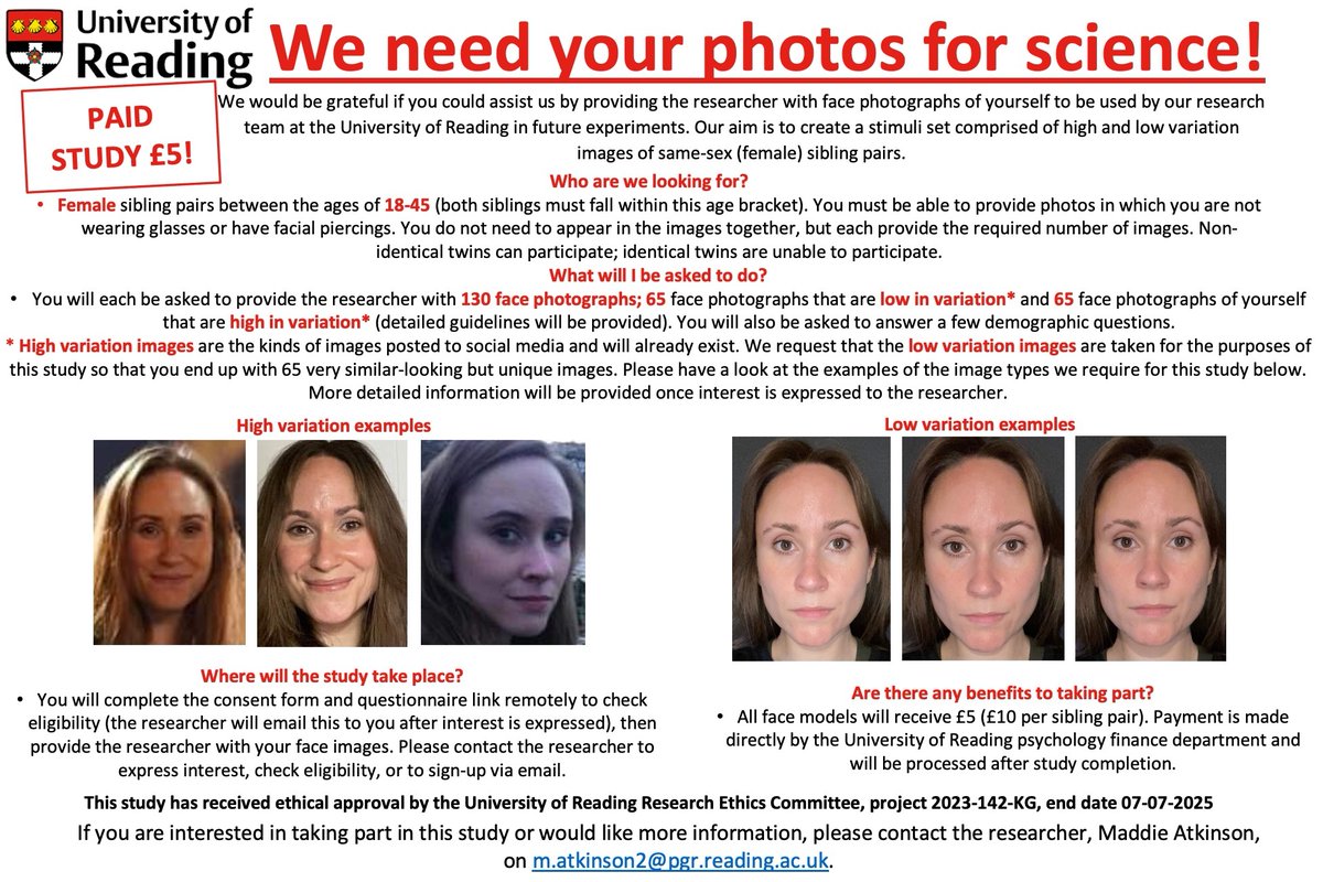 atkinson_maddie's tweet image. Please RT! Looking for females and female sibling pairs to provide their face images for research with @DrKatieGray at the @UniofReading ! Recruitment posters below. Email m.atkinson2@pgr.reading.ac.uk to express interest, check eligibility, or to sign-up! 😀