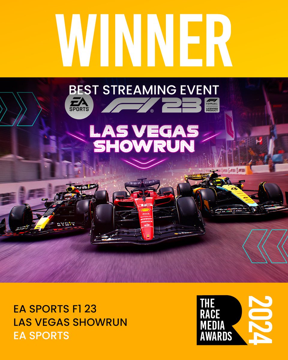 Best Streaming Event kicks off part two of The Race Media Awards 🎬 The Las Vegas GP turned heads in 2023, and the @EASPORTSF1 #F123 Las Vegas Showrun takes home the award 🏆 #TRMA24