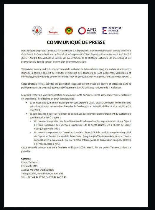 Communiqué de presse du 24 janvier 2024 portant sur l'atelier de la stratégie nationale de promotion de don de sang volontaire en Mauritanie