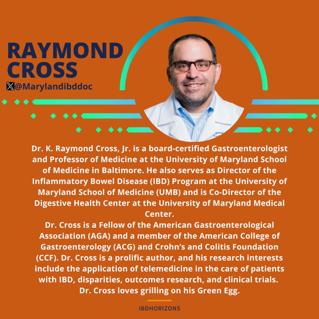 🥩#SpeakerSpotlight🥩

🥼<a href="/Marylandibddoc/">Raymond Cross</a> leads Midwest #IBDHorizons24 6th session in Cincinnati 02/10

🎤Updates on Acute UC Mgmt
📖Here’s a little about Dr Cross

🔗Register 𝐅𝐑𝐄𝐄: ibdhorizons.org

#MedEd #UlcerativeColitis #ASUC #Gastroenterology #GITwitter