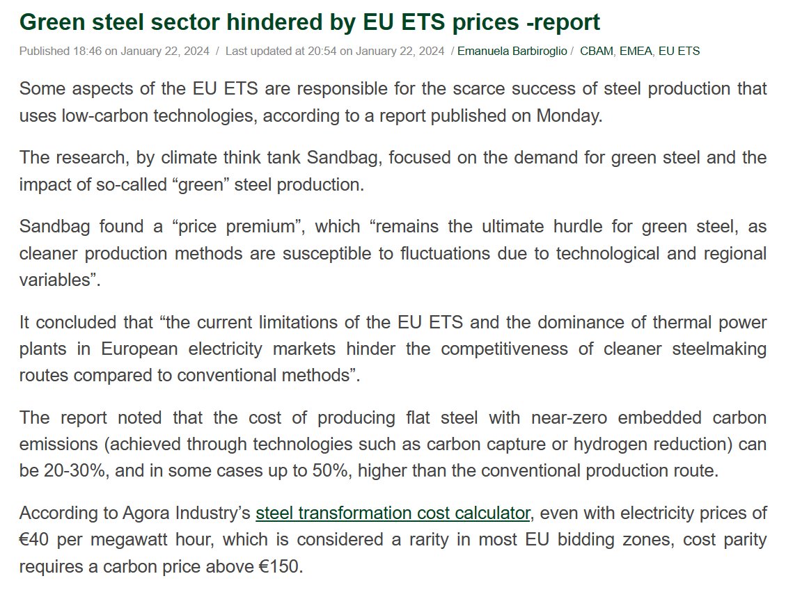 📣Steel decarbonisation efforts are tied to an unambitious #EUETS that fails to close the cost gap between conventional and green steelmaking. 👇Our new report is featured in @CarbonPulse this week: carbon-pulse.com/253325/ Read the report here: bit.ly/425ojRV