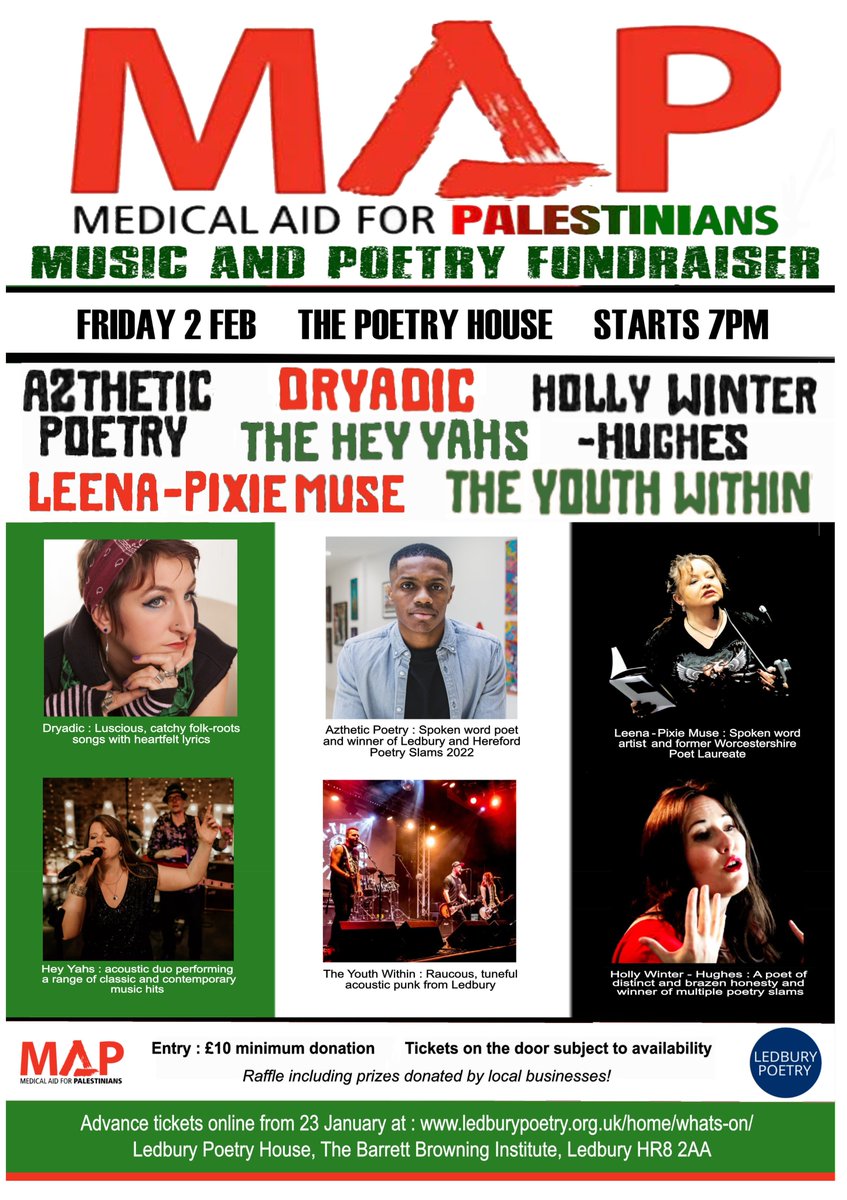 On Fri 2 Feb we're hosting a special event in collaboration with poets and musicians to raise money for Medical Aid for Palestinians (MAP). Full line-up and Bk your tkts here: ledburypoetry.org.uk/home/whats-on/. On-the-door tkts subject to availability. <a href="/MedicalAidPal/">Medical Aid for Palestinians</a>