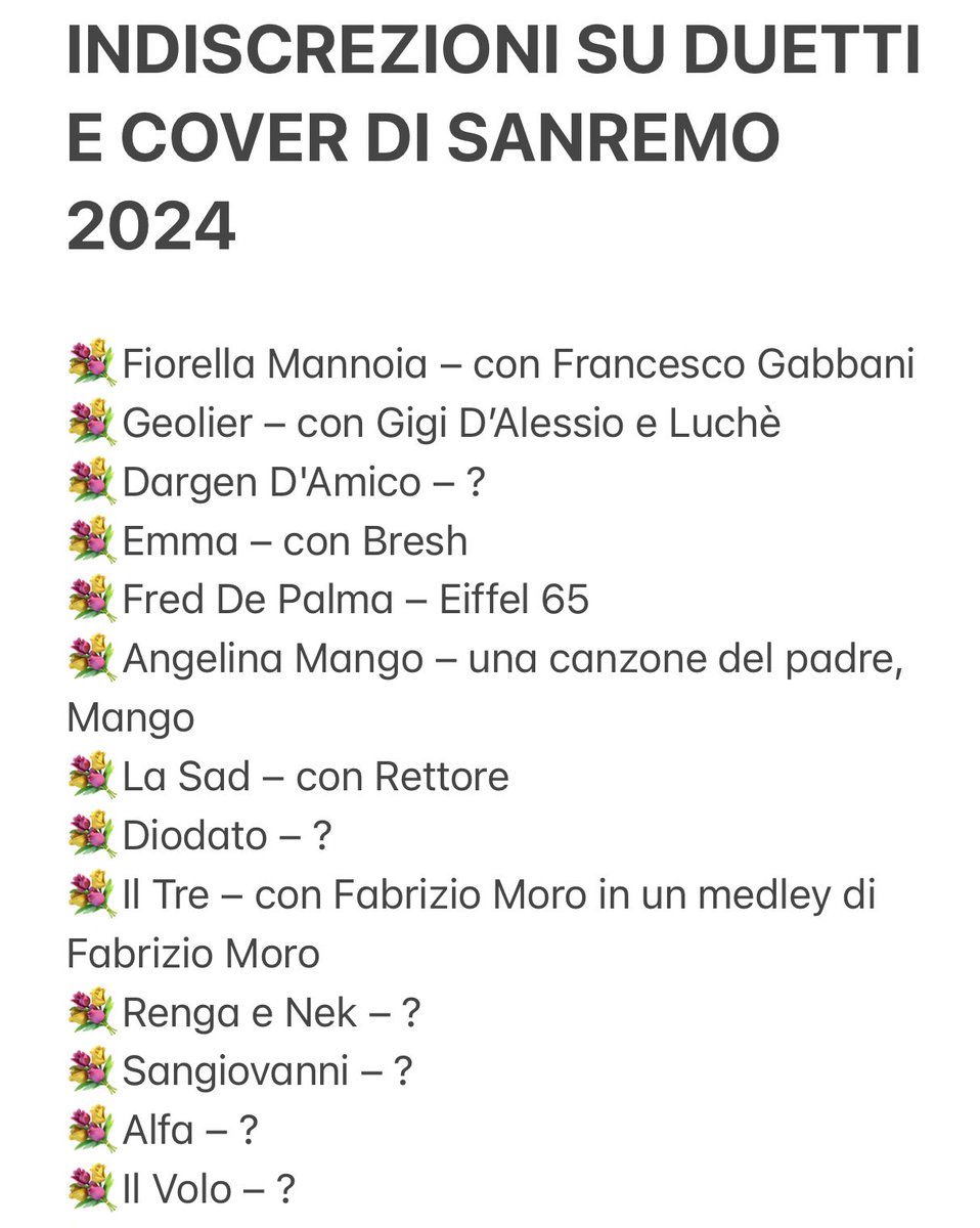 Cinguetterai's tweet photo. Una raccolta delle principali e più credibili indiscrezioni su possibili duetti e cover di #Sanremo2024.

Attendiamo ulteriori spoiler e infine l’annuncio ufficiale di Amadeus. https://t.co/FxxEBNA3C6