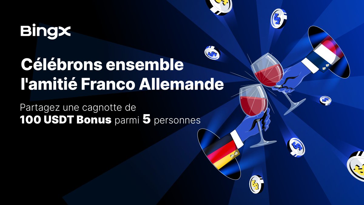 BingXenFrancais's tweet photo. Le 22 Janvier était la journée de la célébration de l'amitié Franco-Allemande ! Et vous croyez que nous n'allions pas fêter ça chez #BingX ? 
#Giveaway ! 

🛎 Comment participer : 

📌Follow @BingXFrancais 
📌Like ce post
📌Retweet ce post

💰 Cagnotte 100 USDT Bonus pour 5 gagnants, 20 USDT Bonus chacun !

⭐️ Les gagnants seront identifiés ici Samedi 27 Janvier ! 

Bon chance à tous ! 🫡
(Le tweet programmé ne c'est pas lancé ... désolé du léger retard.. 🫶)
