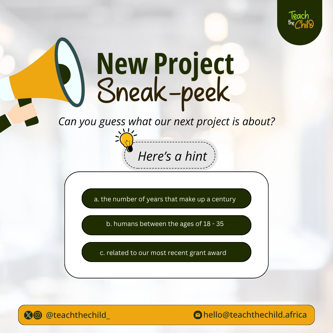 Can you guess? Wrong answers only 😂 Watch this space for our official announcement. #TeachtheChild #teachthechildafrica #teachthechildisvibrant #nonprofit #educationinnigeria #volunteers #EducationForAll #literacy #education #Africa #SDG4 #NewProjectAlert #NewProjectLaunch