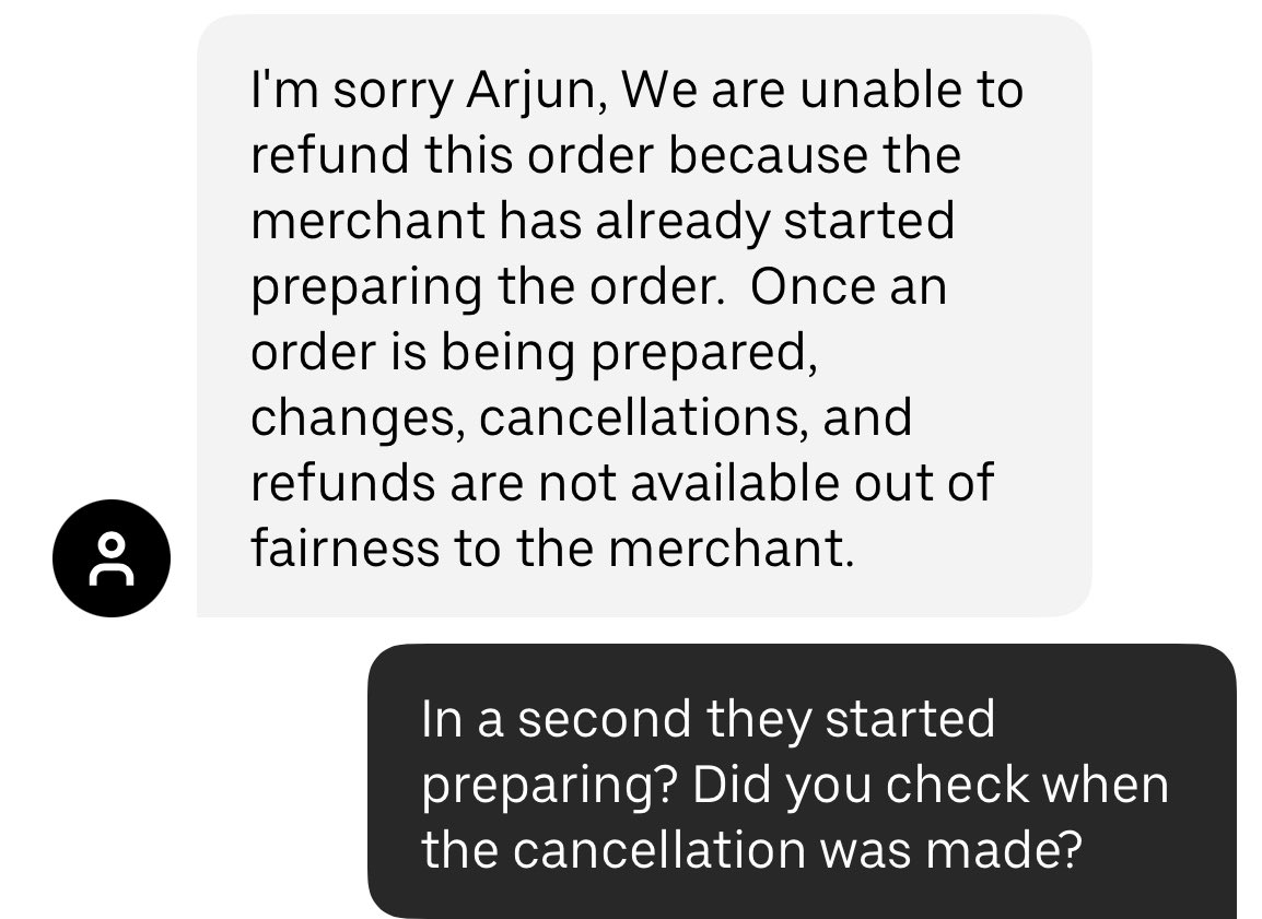 tanwar_arjun's tweet photo. @UberEats horrible start to the day. Got charged for a cancelled order of 75 dollars. @ubereats refuses to refund the amount even if order cancelled in one second (how does a restaurant start preparing in 1 second). The worst policy ever! #boycottubereats https://t.co/4Ui6q5p2tU