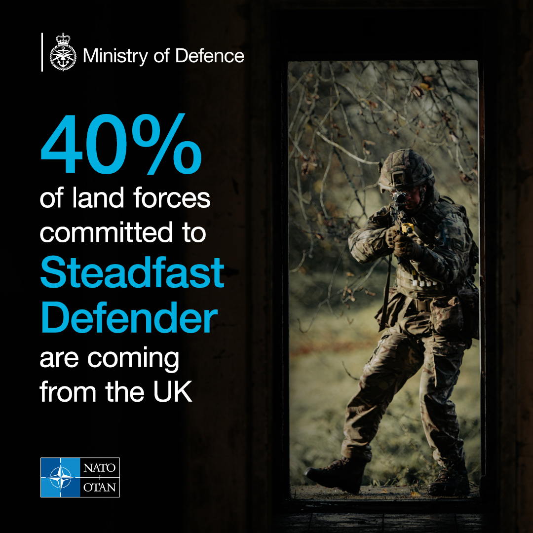 The UK will contribute 40% of the land forces for @NATO’s Exercise Steadfast Defender. 30 NATO allies and Sweden will be exercising across multiple countries, testing #NATO’s readiness in its 75th year. 🔗: ow.ly/qg1B50Qt3VA #WeAreNATO