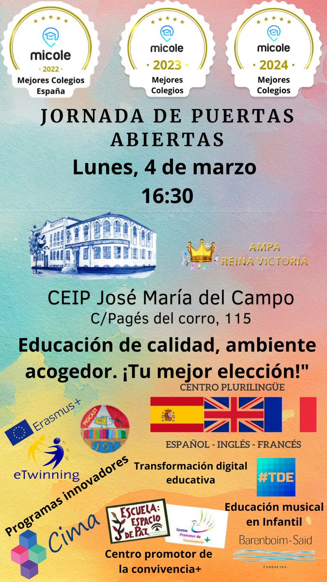 CEIP José María del Campo (@ceipjmdelcampo) on Twitter photo Únete a nuestra jornada y descubre cómo fomentamos la creatividad y el desarrollo integral de nuestro alumnado ¡ Te esperamos! <a href="/ampa_rv_Sevilla/">AMPA Reina Victoria</a> <a href="/SalazarSonsoles/">Sonsoles</a> <a href="/Triana_aldia/">Triana al día</a> <a href="/trianadigital/">Triana Digital</a> @blog_triana Únete a nuestra jornada y descubre cómo fomentamos la creatividad y el desarrollo integral de nuestro alumnado ¡ Te esperamos! <a href="/ampa_rv_Sevilla/">AMPA Reina Victoria</a> <a href="/SalazarSonsoles/">Sonsoles</a> <a href="/Triana_aldia/">Triana al día</a> <a href="/trianadigital/">Triana Digital</a> @blog_triana