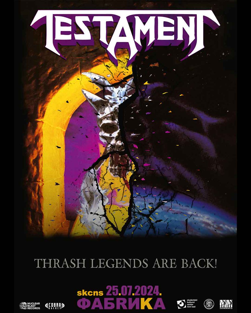 TESTAMENT is thrilled to announce that we'll be playing Novi Sad, Serbia at SKCNS Fabrika on July 25, 2024!

Tickets are on sale now, don't miss out! new.gigstix.com