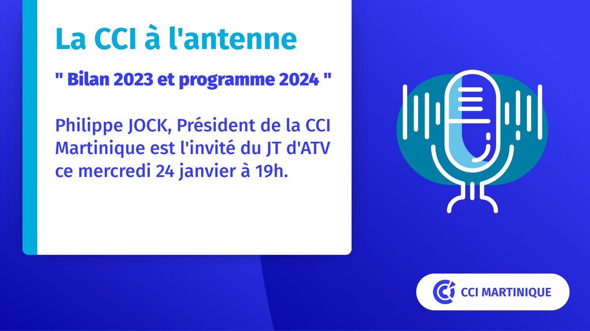 Philippe Jock, Président de la CCI Martinique est l'invité du JT d'ATV ce mercredi 24 janvier à 19h. Il fera le bilan de l'année 2023 et évoquera le programme de la CCI pour cette année 2024.  #international #formation #octroi de mer #accompagnement