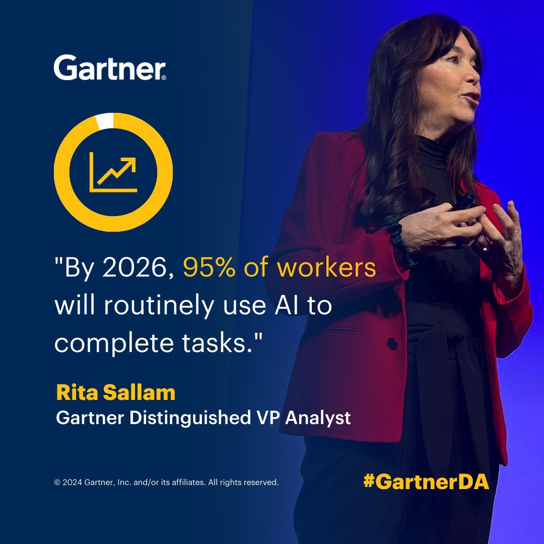 Gartner_inc's tweet image. Gartner expert Rita Sallam shares how integral #AI will become in D&amp;amp;A operations within the year. 

Explore the tech trends, skill development and more needed for successful deployment of AI at #GartnerDA. Explore the agenda now: gtnr.it/47Cd9Fm 

#Data #Analytics #CDAO