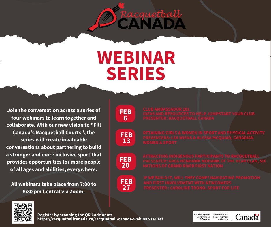 RBallCanada's tweet photo. Join us beginning February 6 for our webinar series! We look forward to getting the conversation going about ways we can partner to fill Canada’s racquetball courts!
https://t.co/anMptwCVKC
#RacquetballCA #FillCanadasCourts #RacquetballCanada #sportprograms https://t.co/vqNZyblerx