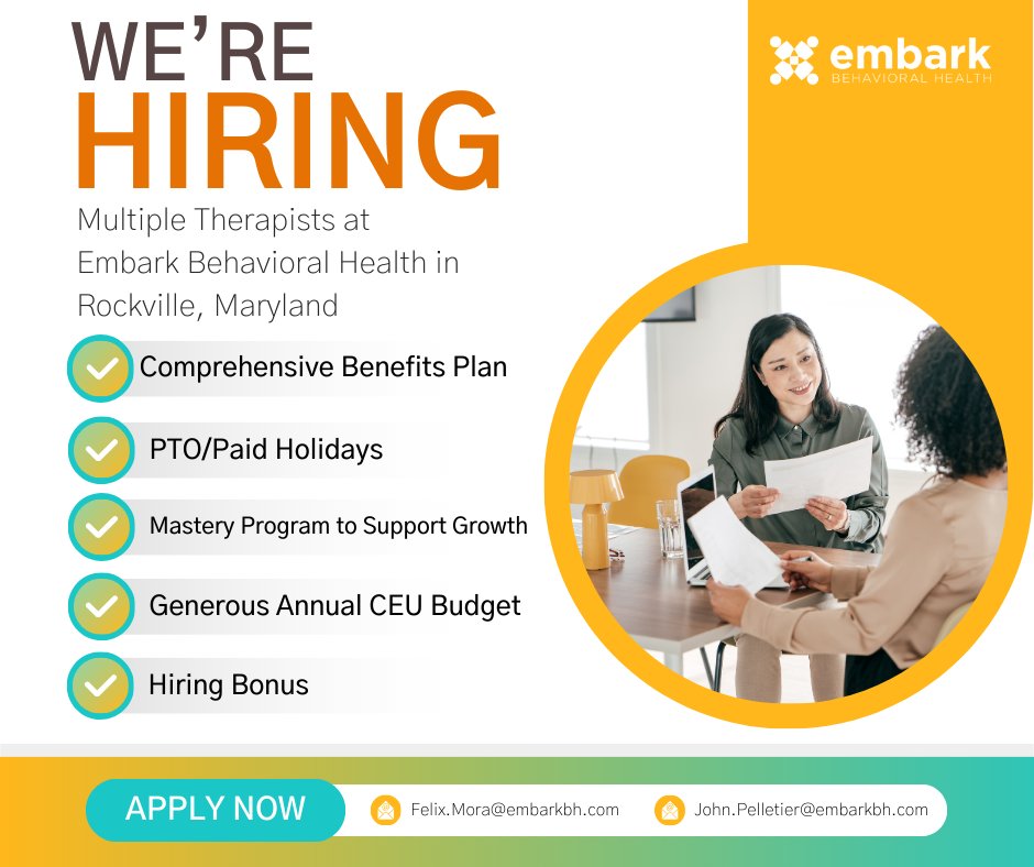 🎉 We’re #hiring! 🎊
Embark Behavioral Health in Rockville, Maryland, is looking for skilled and empathetic adolescent #mentalhealth #therapists who want to make a difference and be part of an amazing and growing behavioral health company! 
careers-embarknationwide.icims.com/jobs/search?ss…