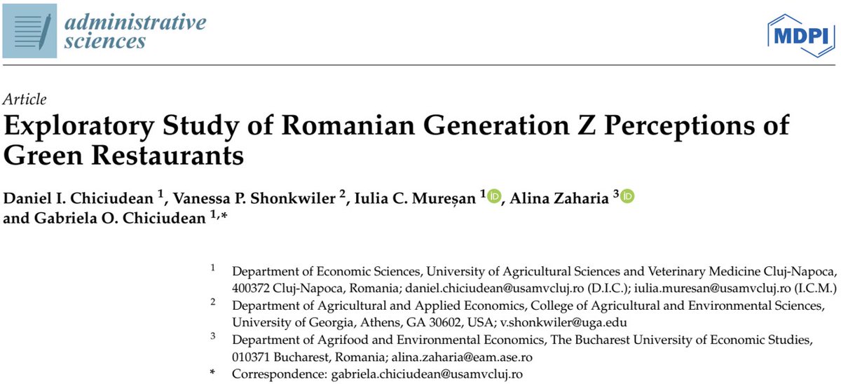 Congratulations to Vanessa Shonkwiler for coauthoring the recent journal article entitled “Exploratory Study of Romanian Generation Z Perceptions of Green Restaurants” which was published in @AdmSci_MDPI. doi.org/10.3390/admsci…