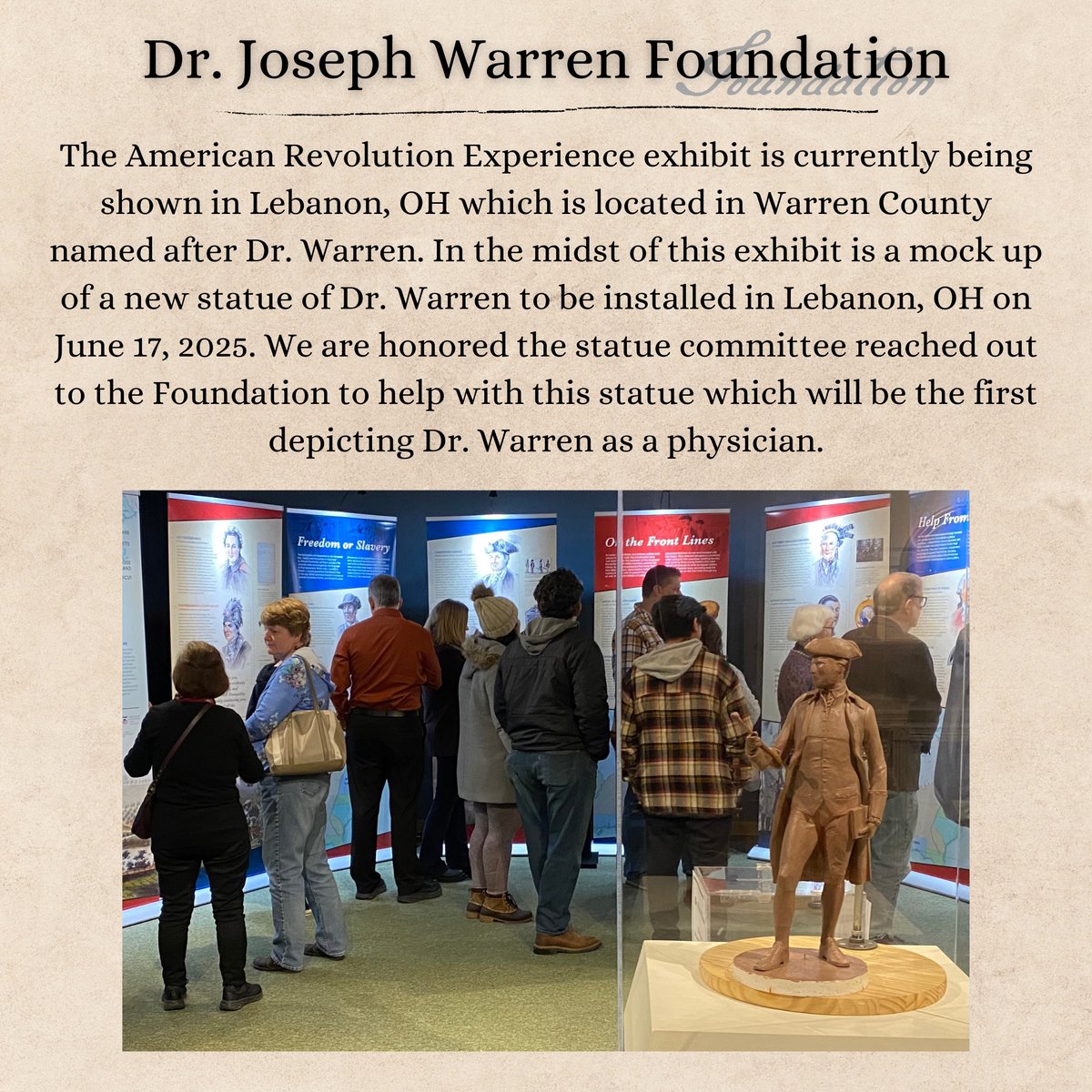 For information on the statues of Dr. Warren visit our website: djwf.org/statues

For information on the traveling exhibit: battlefields.org/events/traveli…

#americanrevolution #warrencountyohio #lebanonohio #freemasonry #18thcenturyphysician #bunkerhill #charlestownma