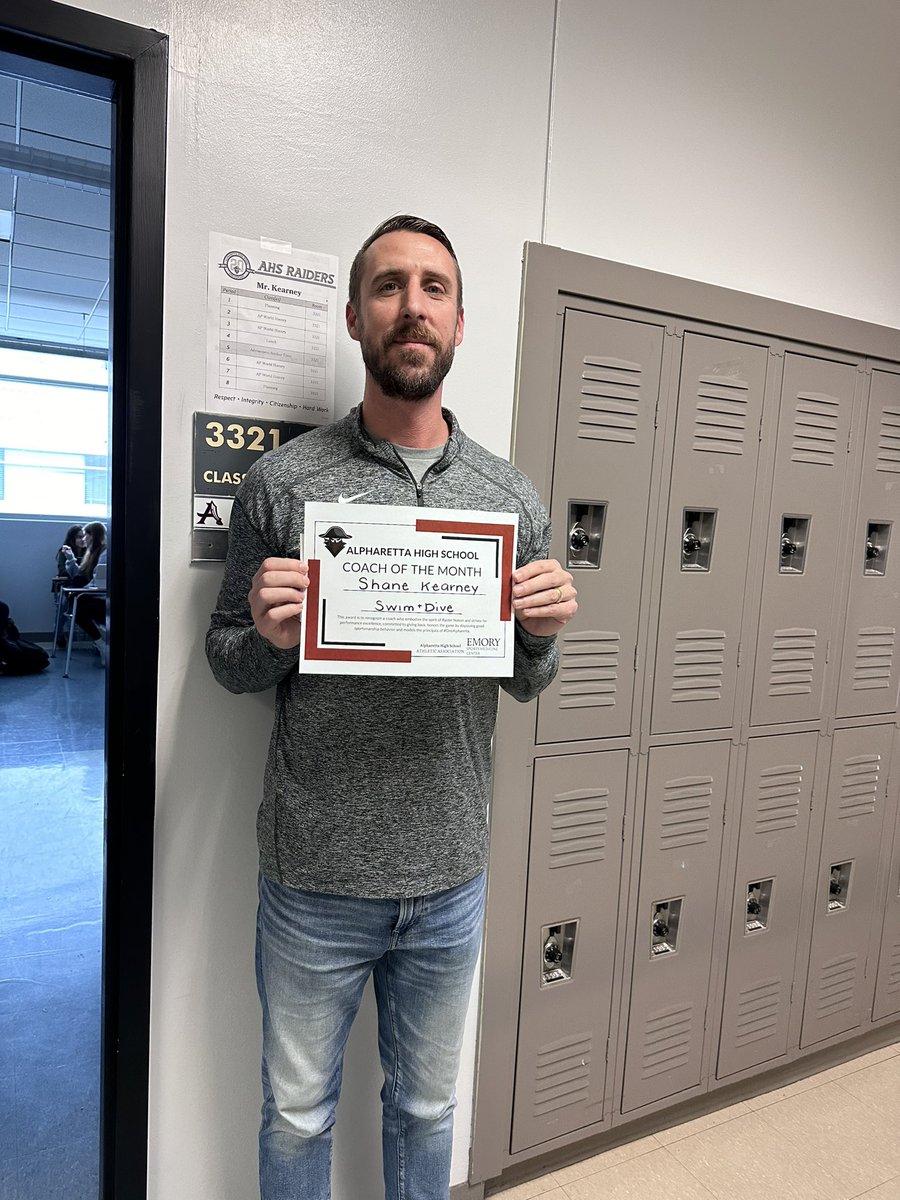 RaiderSport's tweet photo. A HUGE congratulations to Coach Kearney for being selected December Coach of the Month! We appreciate all of the hours you pour into your students and athletes!! #ONERaider @RaiderSwim @Scheifflee_AHS https://t.co/u6hSLDojcW