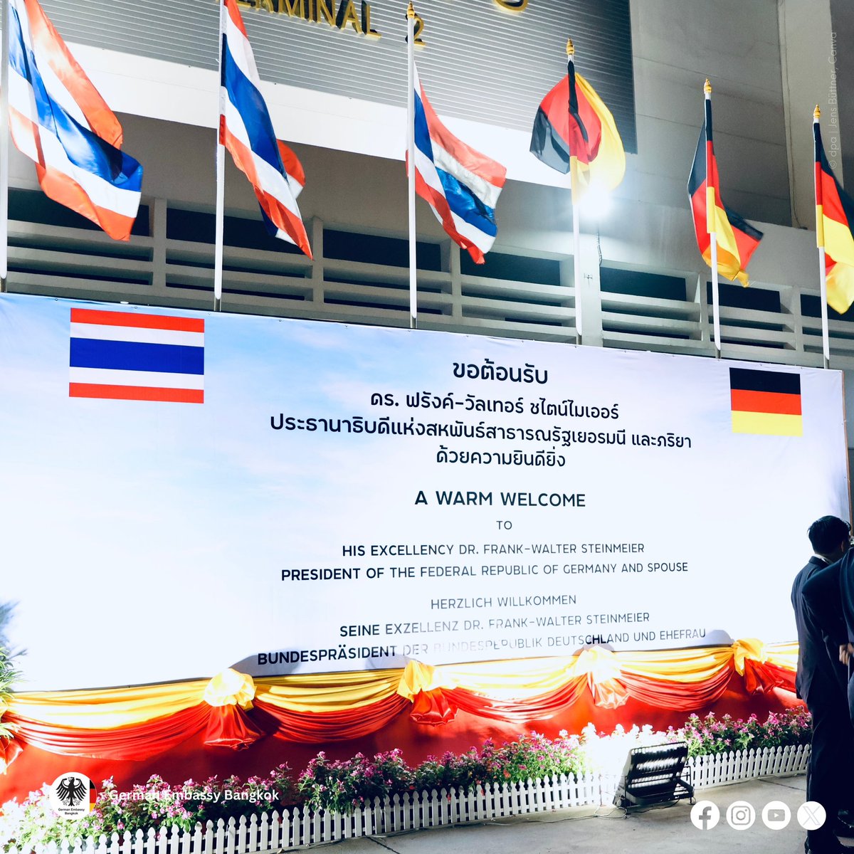 GERinThailand's tweet photo. 🇩🇪 President Frank-Walter Steinmeier &amp; wife Elke Büdenbender arrived in BKK today for an official visit. @GermanAmbTHA and the embassy team warmly welcome them. This is President Steinmeier's first visit to 🇹🇭. The last visit by a 🇩🇪 President to 🇹🇭 was in 2002 by Johannes Rau. https://t.co/6fNstvkBnL