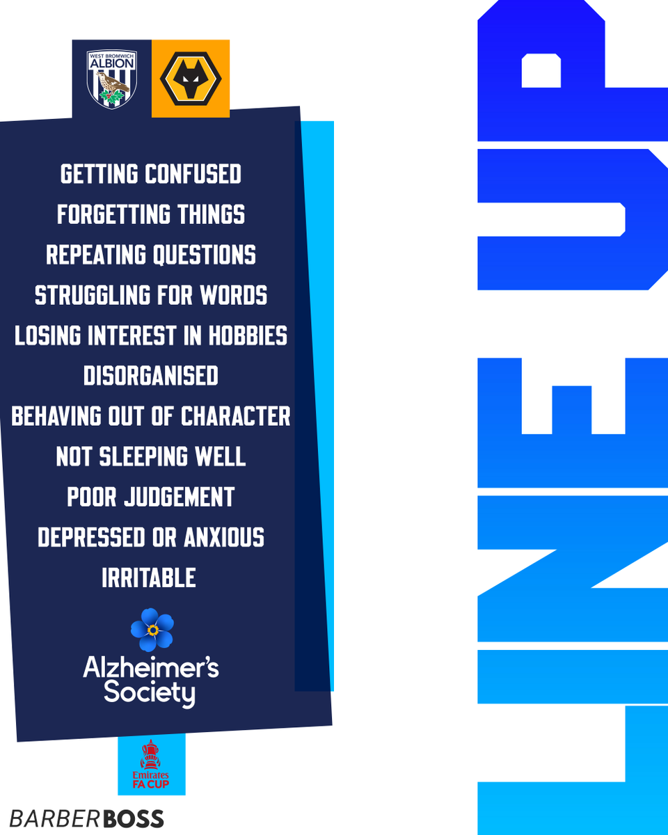 Important team news: Our XI has been replaced with some common dementia symptoms. 📋

If you or a loved one notice any of these symptoms, it could be a sign of dementia.

Use the <a href="/alzheimerssoc/">Alzheimer's Society</a> symptoms checklist at alzheimers.org.uk/sports. 💙🤍

#SupportTheSupporters | #WBA