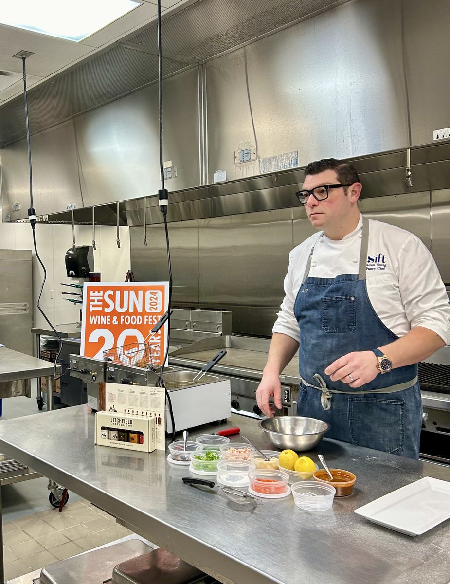 Adam Young (Sift Bake Shop in Mystic) getting ready earlier today for a remote chef demo with ⁦<a href="/AlexaNFarrell/">Alexa Farrell</a>⁩ #News12 CT. Adam is here this weekend for the 20th Anniversary Sun Wine &amp; Food Fest. More info at Mohegansun.com/swff Festivities start tomorrow night!