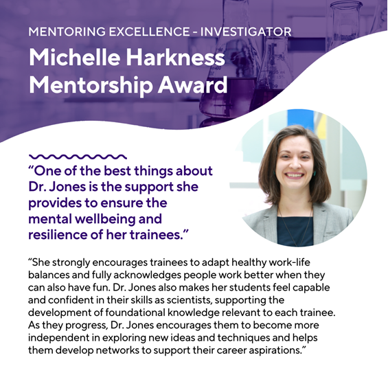 Congratulations to CHRIM researcher, Dr. Meaghan Jones (@notthatdrjones) for receiving a Michelle Harkness Mentorship Award (Investigator) from @AllerGen_Inc! 👏 This award recognizes outstanding mentoring by investigators in allergic disease research and education.