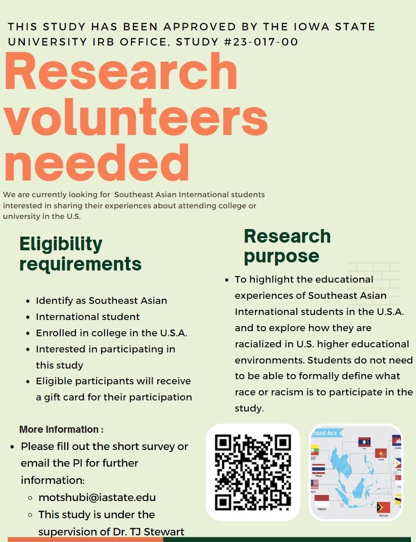 Hello!I'm still recruiting for my dissertation research which is focused on highlighting the varied lived experiences of #SoutheastAsian #Internationalstudents in U.S. colleges and universities. Please share information about my study or fill out the short survey to participate