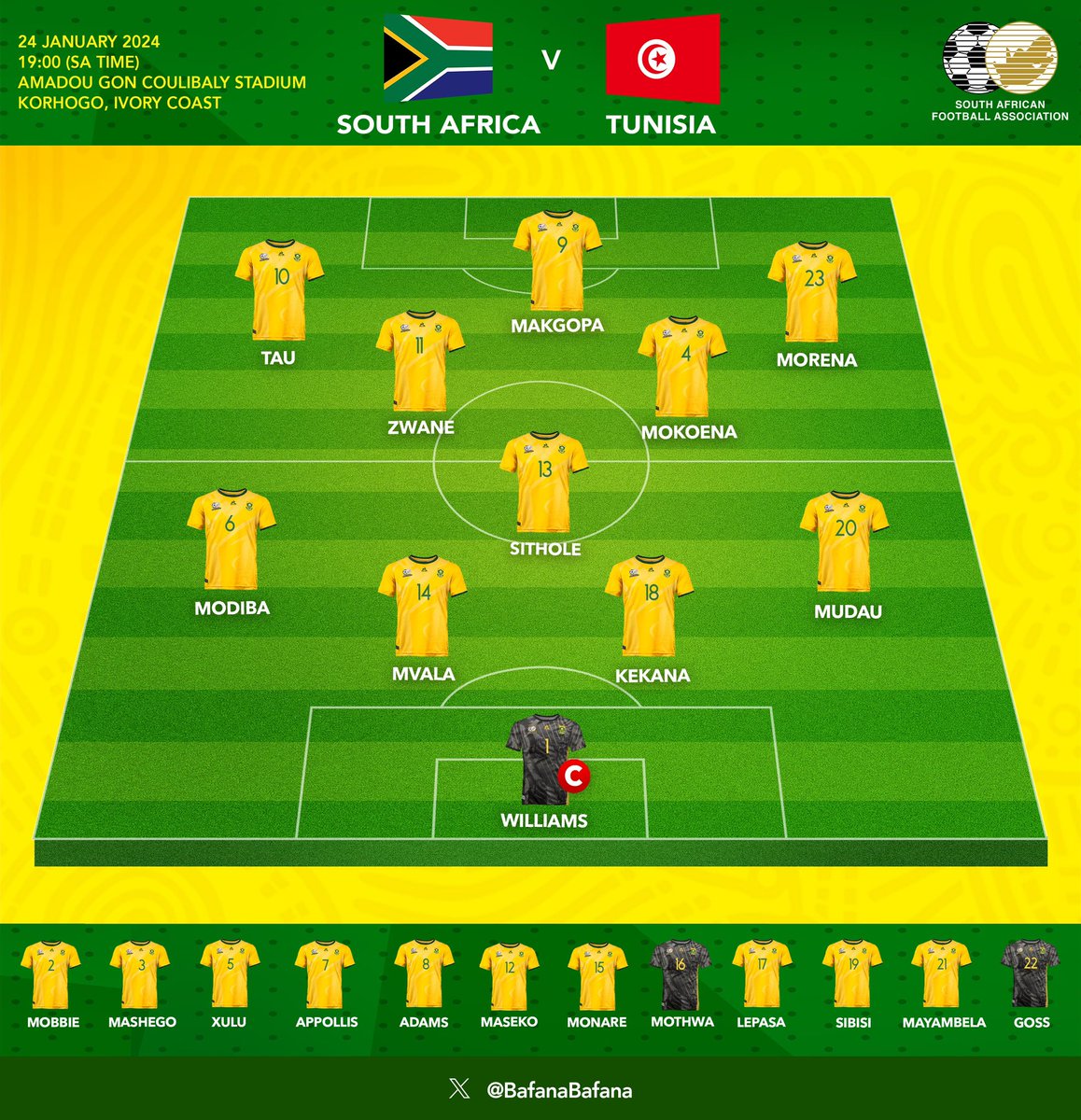 ShakesRampedi's tweet photo. I'm happy with this from Hugo Broos 

Really happy Thapelo Morena keeps his place vs Tunisia 

We need the offensive players to connect again

Let's go Bafana Bafana ✊🏽

#AFCON2023    #TotalEnergiesAFCON2023 https://t.co/6B95TR2o8a